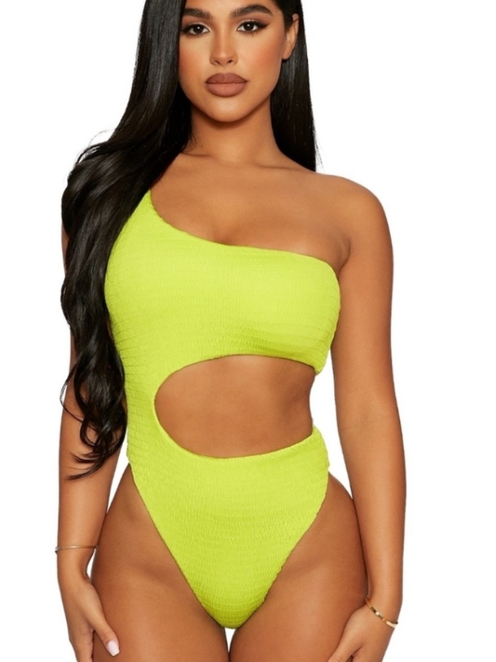 Naked Wardrobe One Shoulder Crinkle Cut Out One Piece Swimsuit M